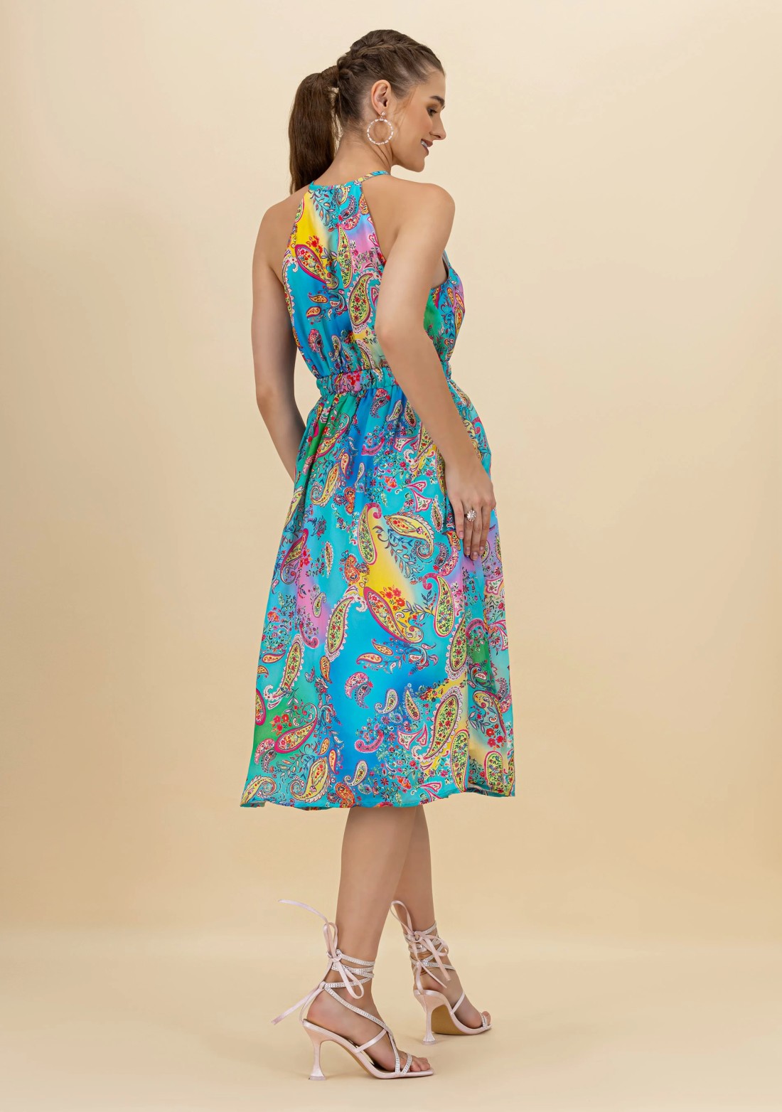 Multi-Colour Paisley Print Halter Neck Flared Midi Dress