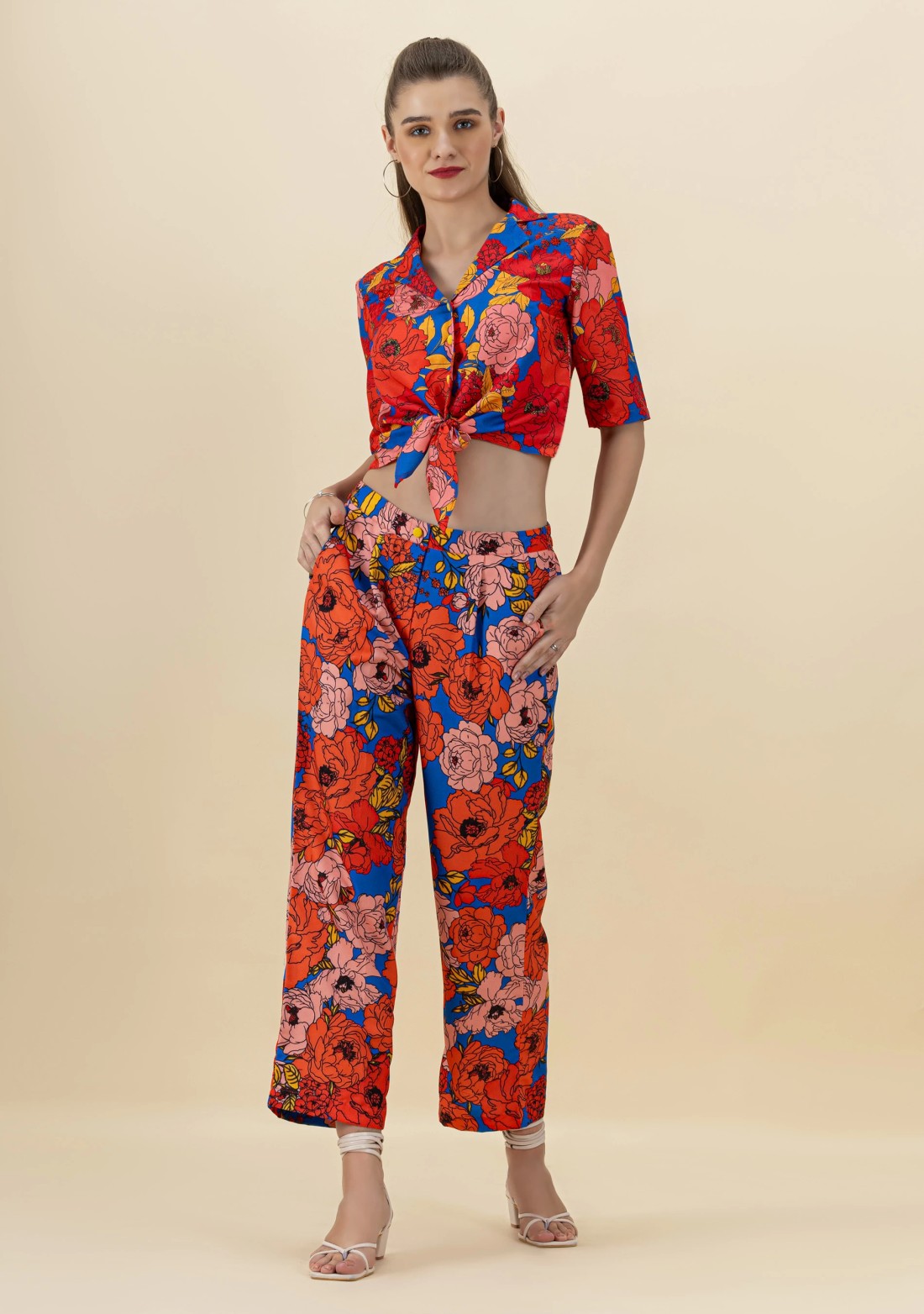 Blue Big Floral Print Crop Shirt and Pants Co-Ord Set