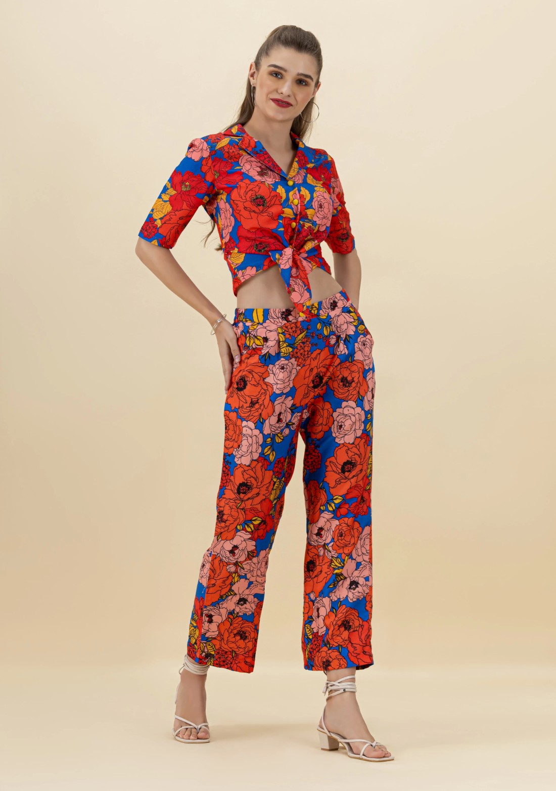 Blue Big Floral Print Crop Shirt and Pants Co-Ord Set