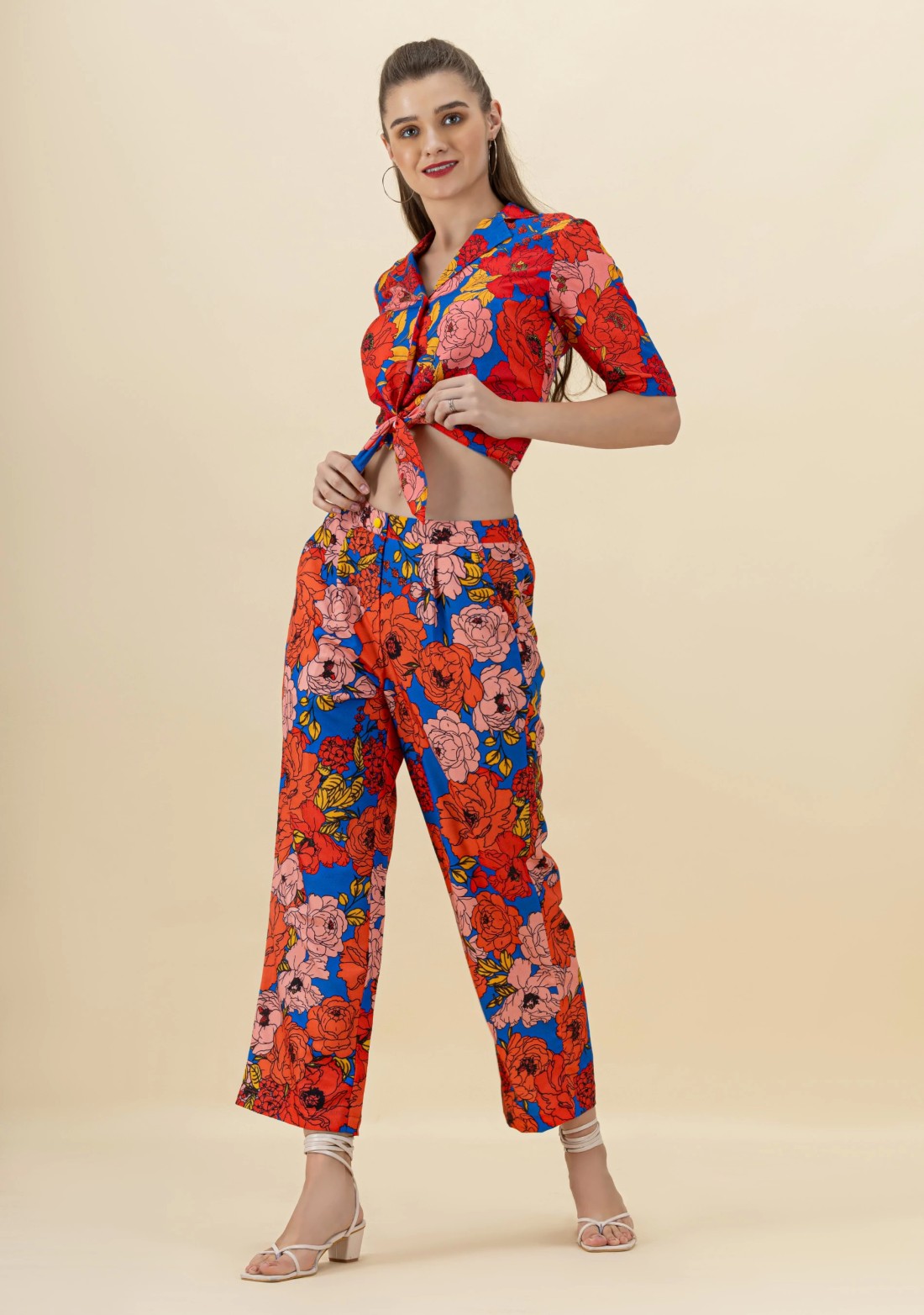 Blue Big Floral Print Crop Shirt and Pants Co-Ord Set