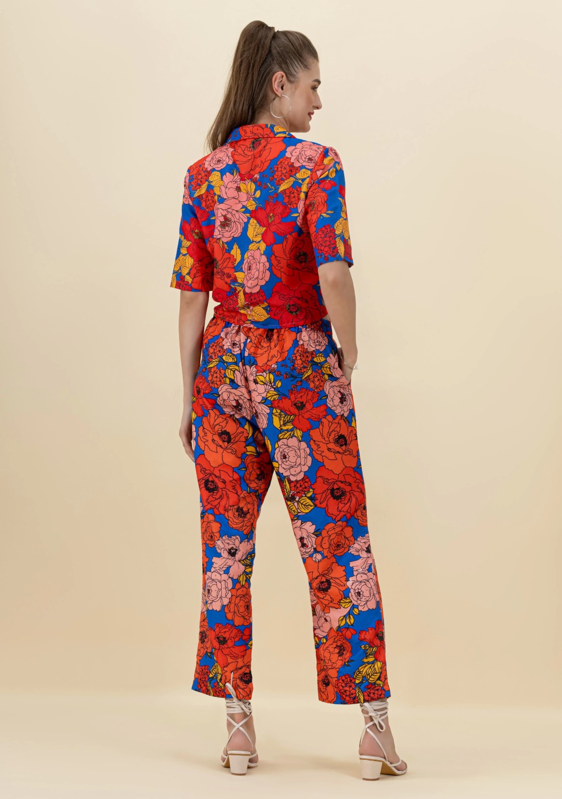 Blue Big Floral Print Crop Shirt and Pants Co-Ord Set