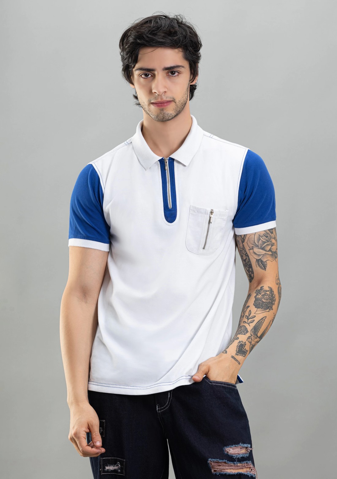 White and Blue Regular Fit Rhysley Men's Polo T-Shirt