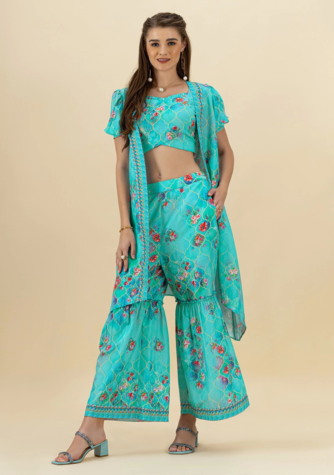 Blue Geometrical with Floral Print Flared Cape Set