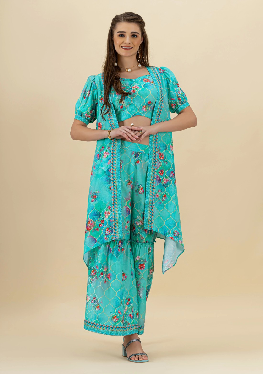 Blue Geometrical with Floral Print Flared Cape Set