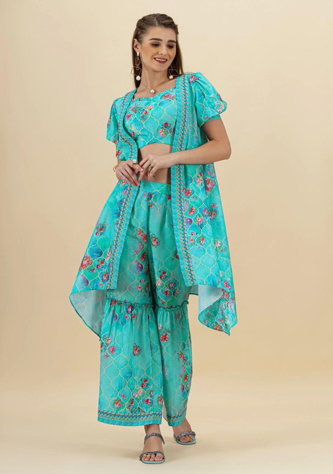 Blue Geometrical with Floral Print Flared Cape Set