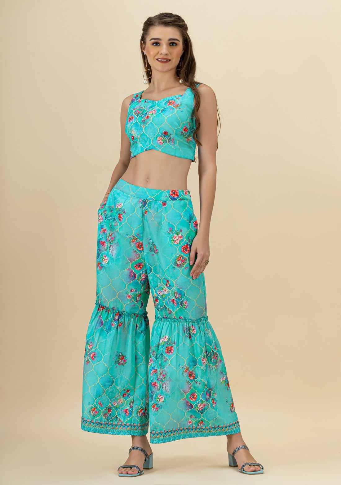 Blue Geometrical with Floral Print Flared Cape Set