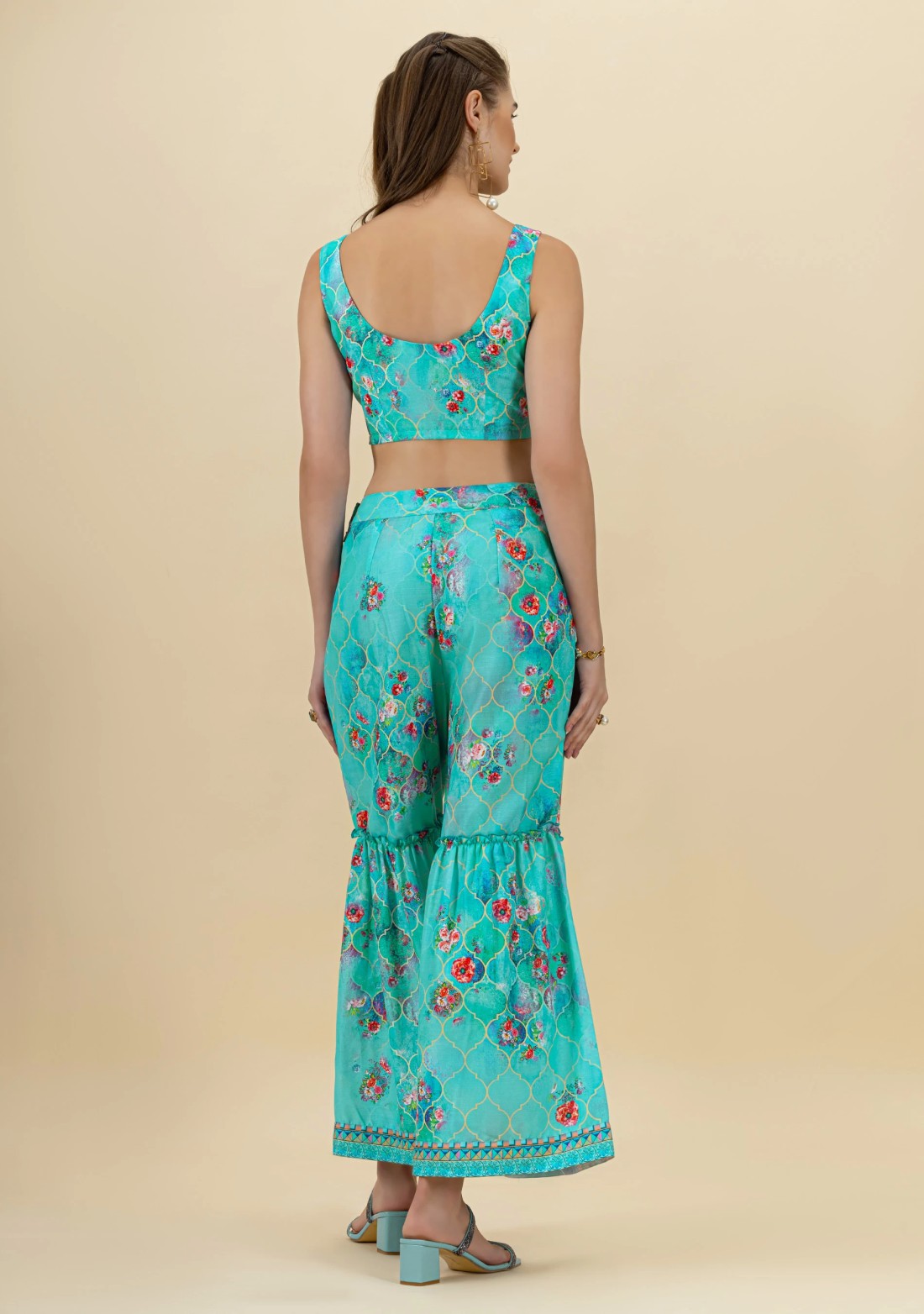 Blue Geometrical with Floral Print Flared Cape Set