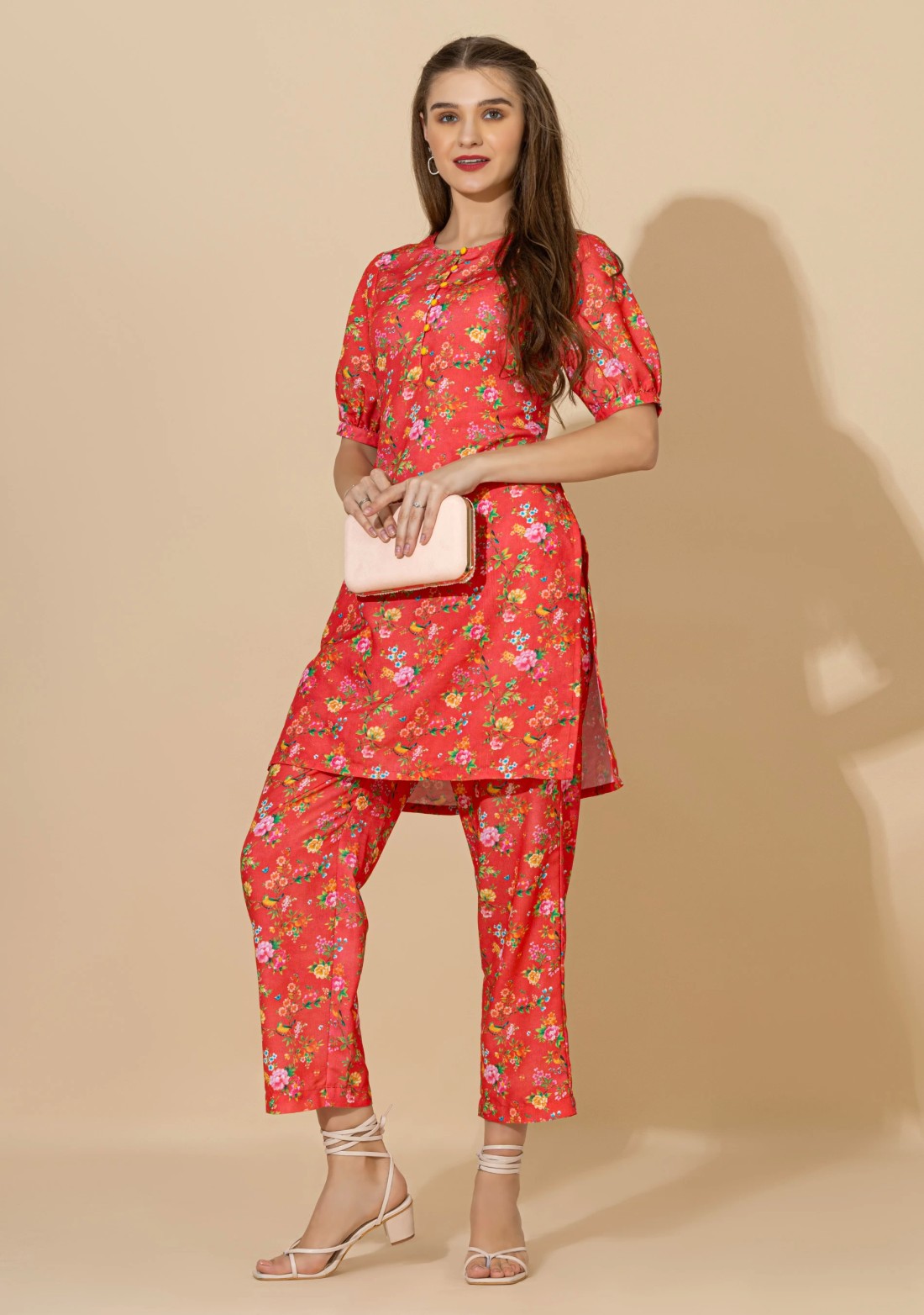 Red Floral Print Rayon Straight Kurta Pant Co-Ord Set