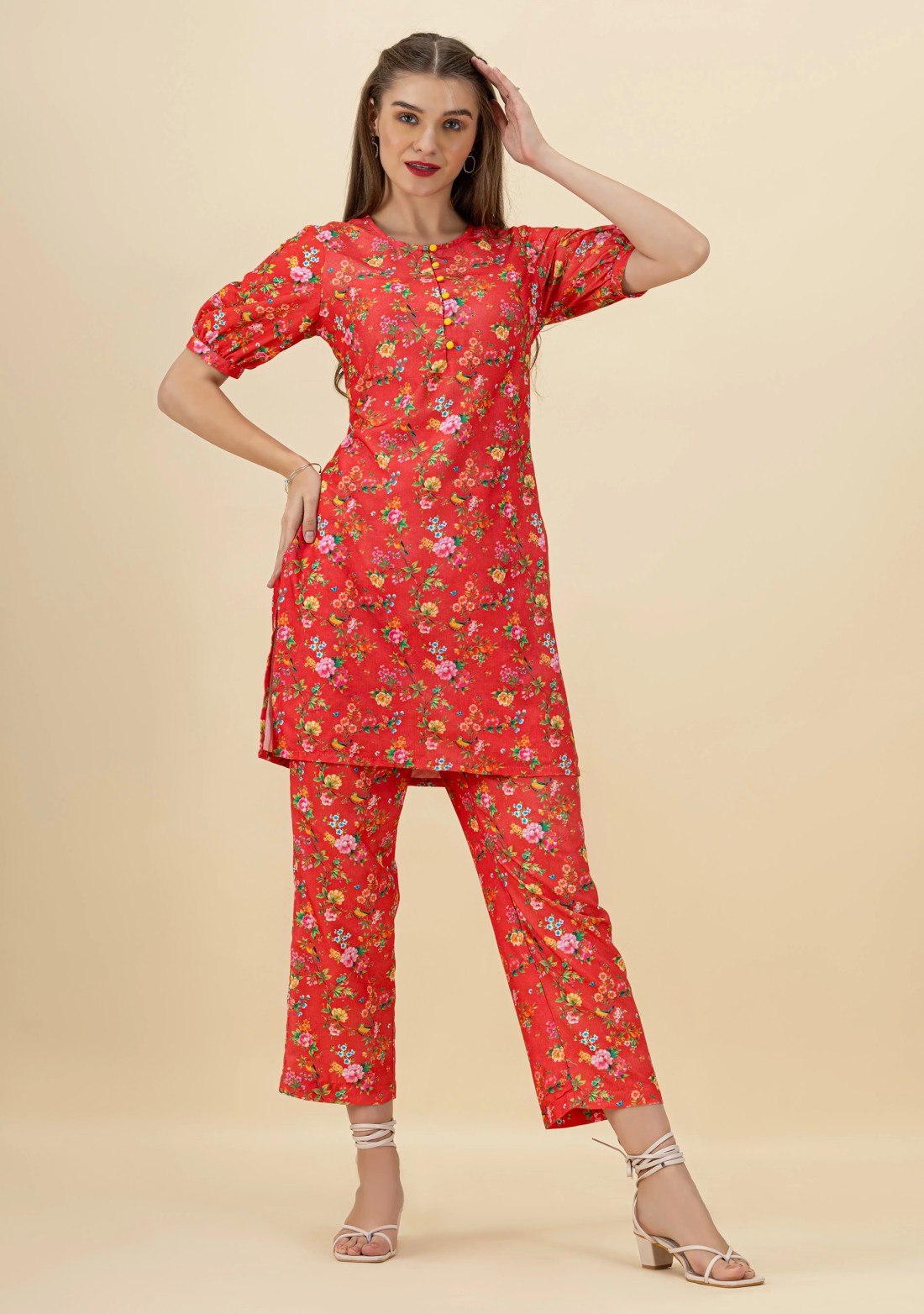 Red Floral Print Rayon Straight Kurta Pant Co-Ord Set