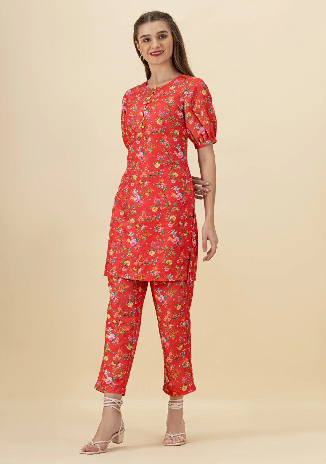 Red Floral Print Rayon Straight Kurta Pant Co-Ord Set