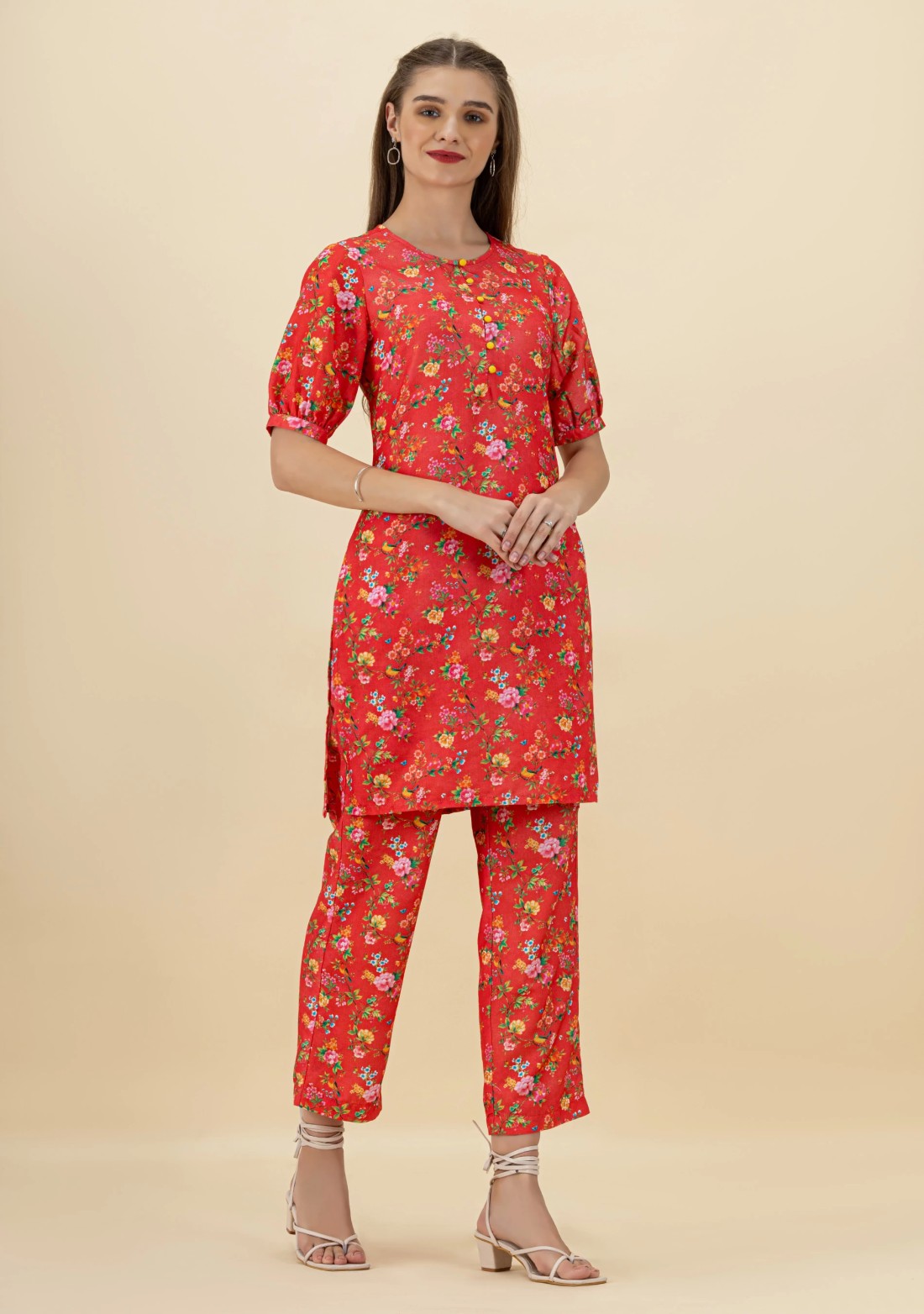 Red Floral Print Rayon Straight Kurta Pant Co-Ord Set