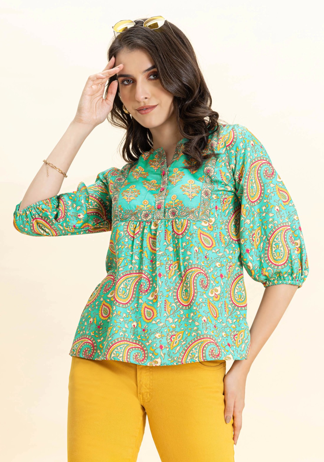 Mint Green Ethnic Print A-Line Top