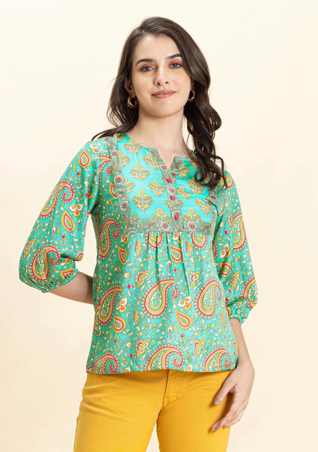 Mint Green Ethnic Print A-Line Top