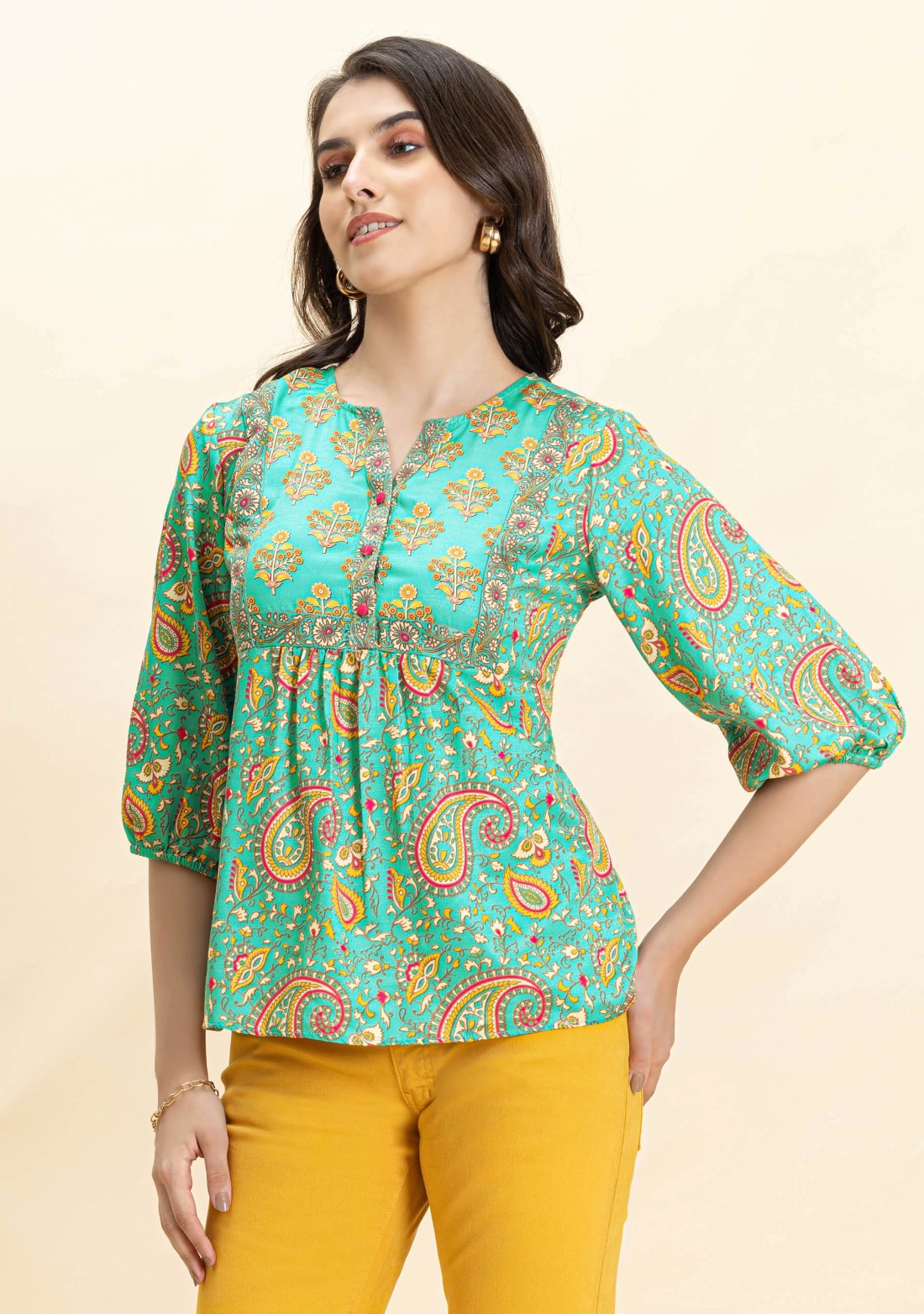 Mint Green Ethnic Print A-Line Top