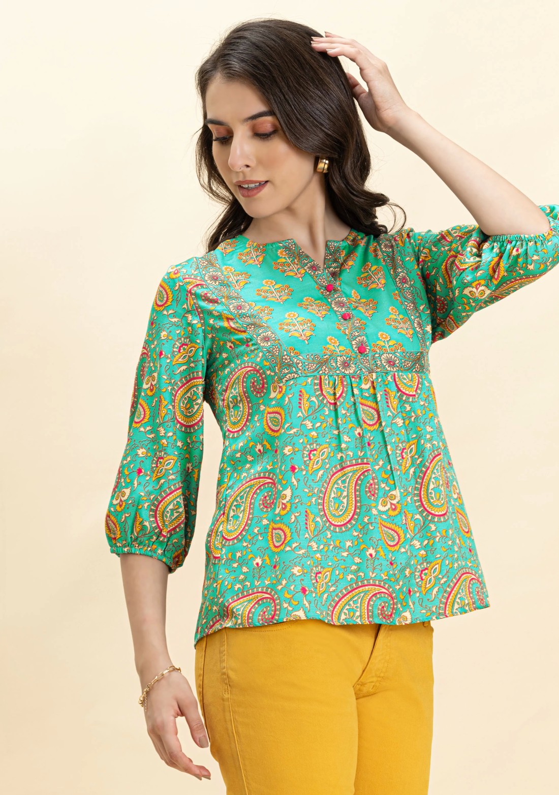 Mint Green Ethnic Print A-Line Top