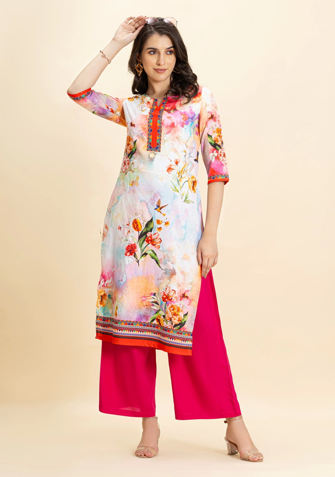 Multi-Colour Floral Print Rayon Straight Kurta