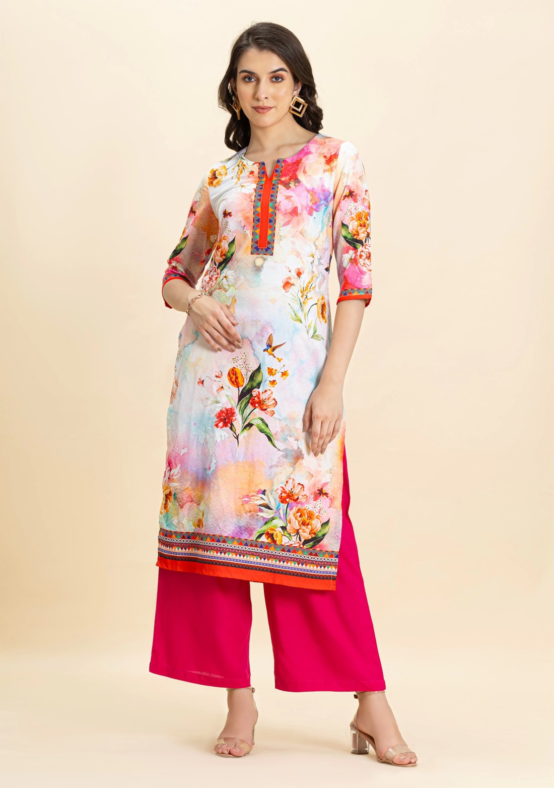 Multi-Colour Floral Print Rayon Straight Kurta