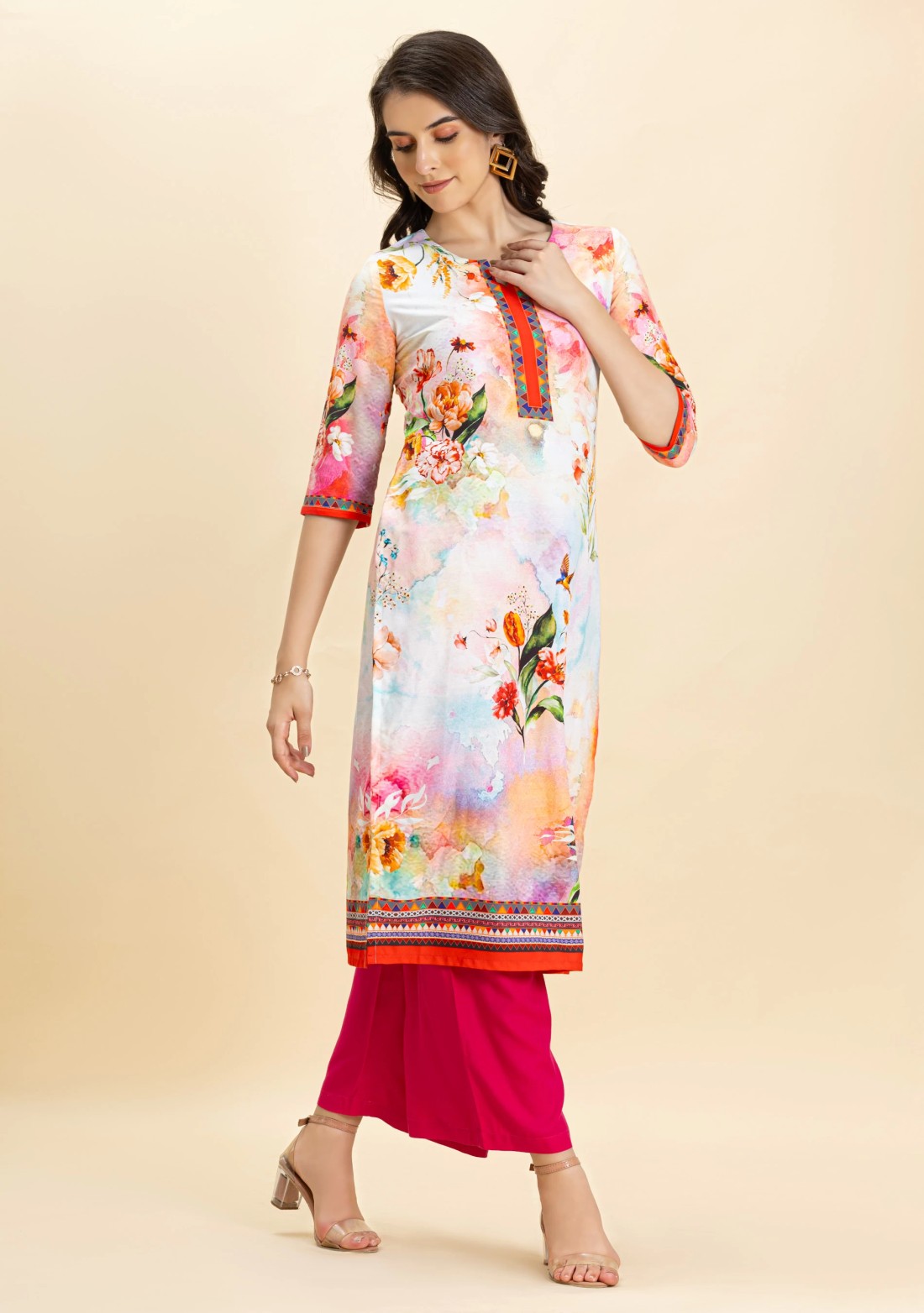 Multi-Colour Floral Print Rayon Straight Kurta