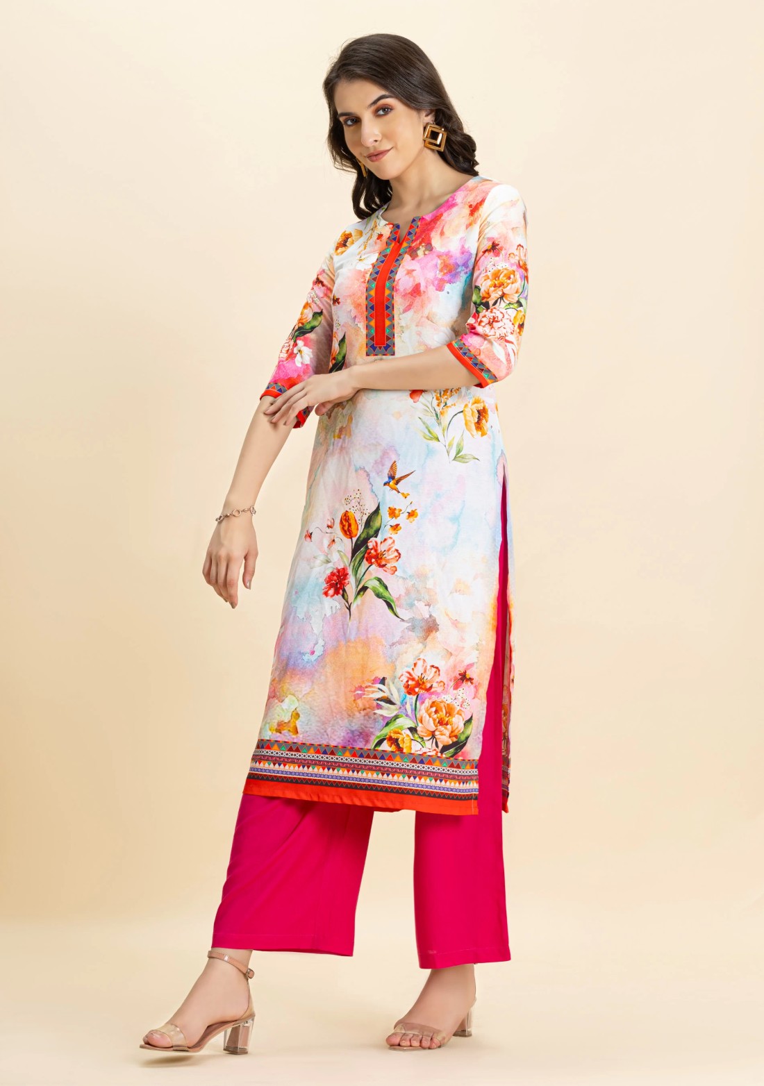 Multi-Colour Floral Print Rayon Straight Kurta