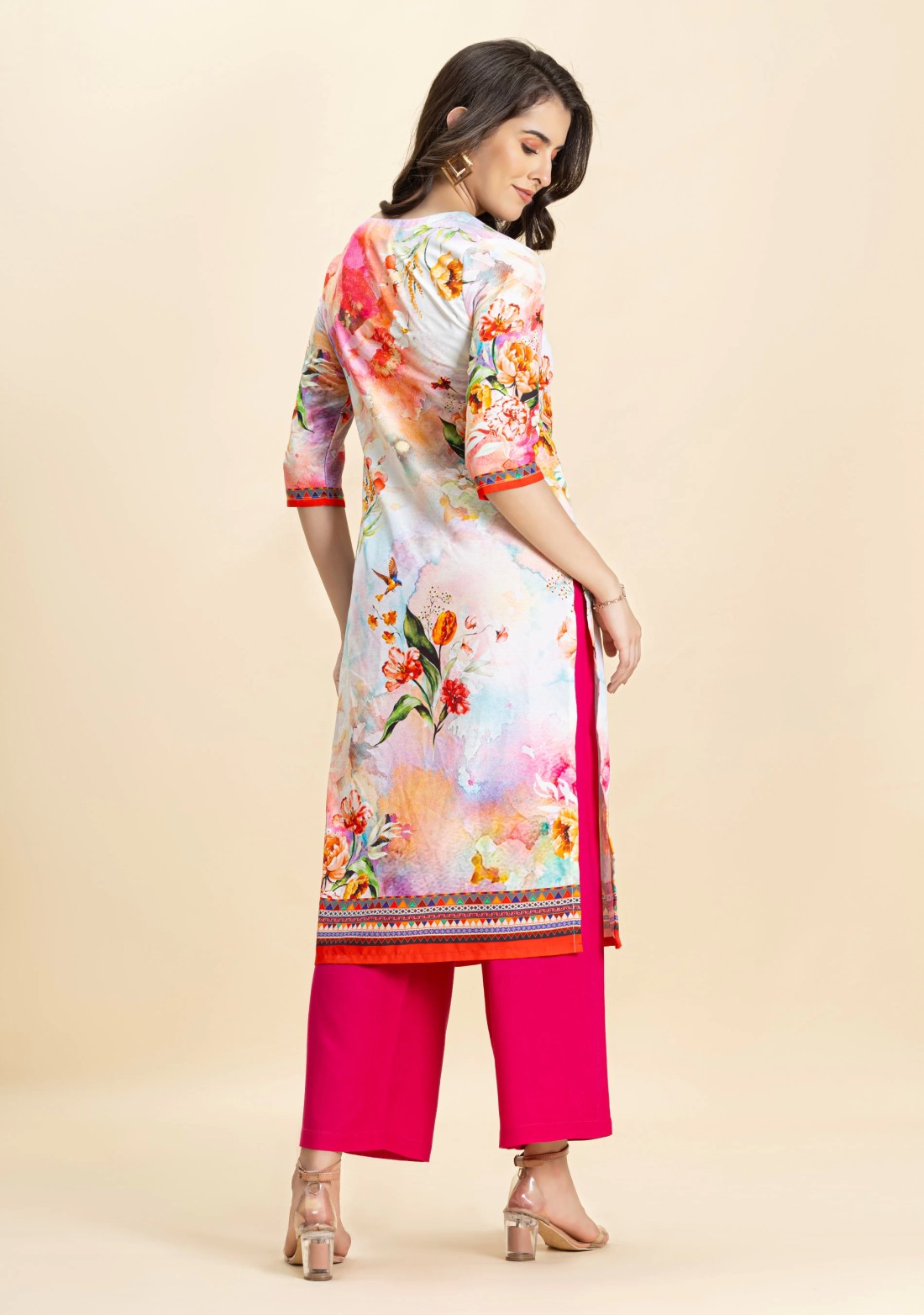 Multi-Colour Floral Print Rayon Straight Kurta