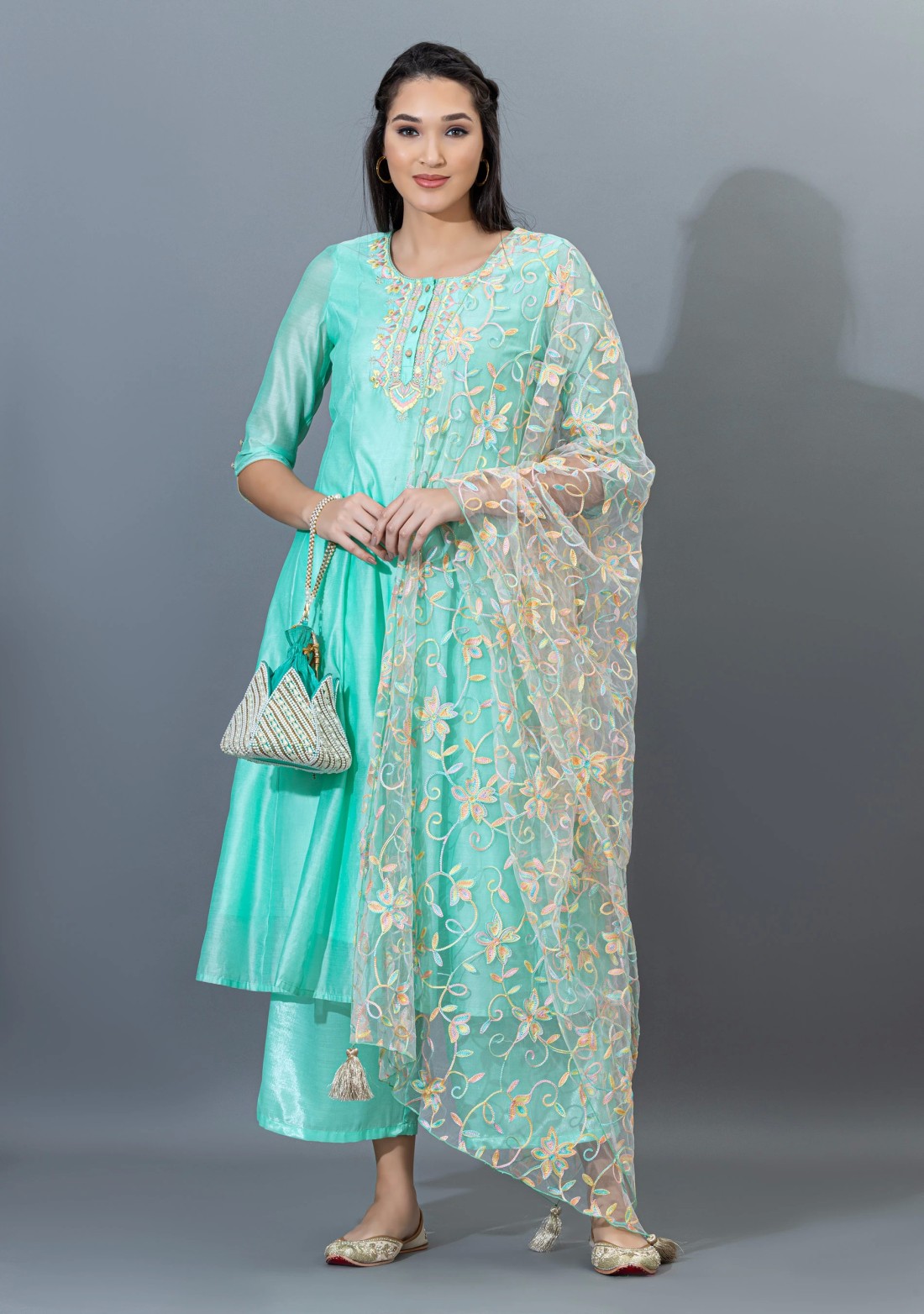 Ice Blue Chanderi Embroidered Flared Kurta Pant Set