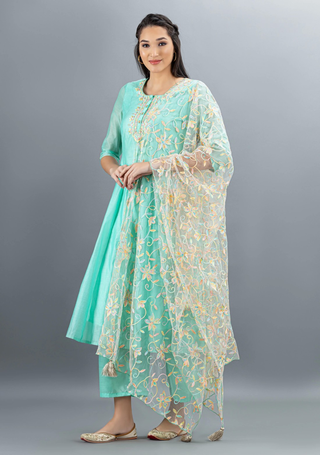 Ice Blue Chanderi Embroidered Flared Kurta Pant Set