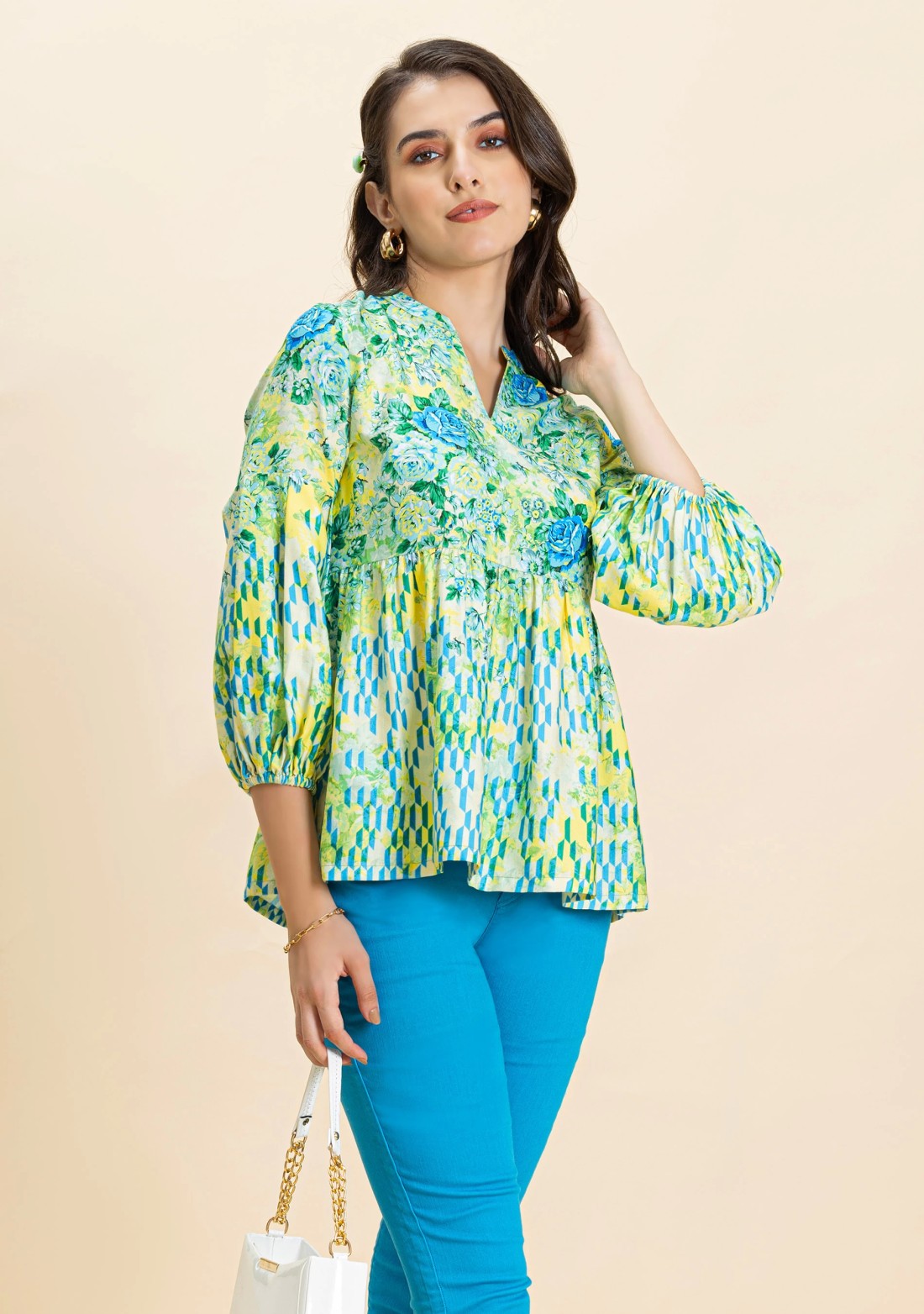 Multi Colour Abstract Rose Print Rayon Top