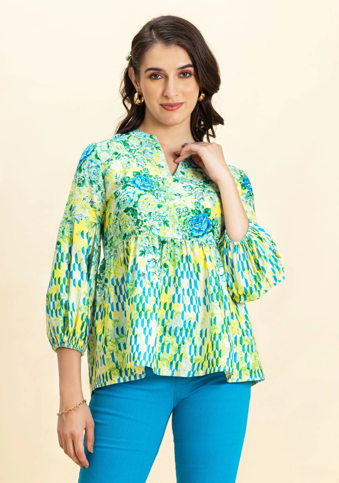 Multi Colour Abstract Rose Print Rayon Top