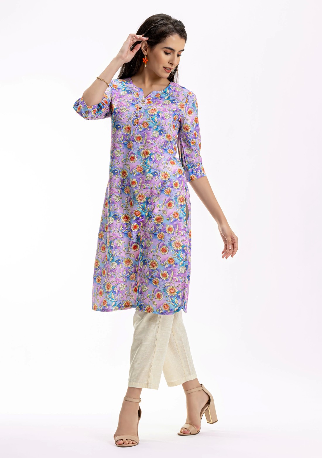 Multi-Colour Floral Printed Rayon Straight Kurta