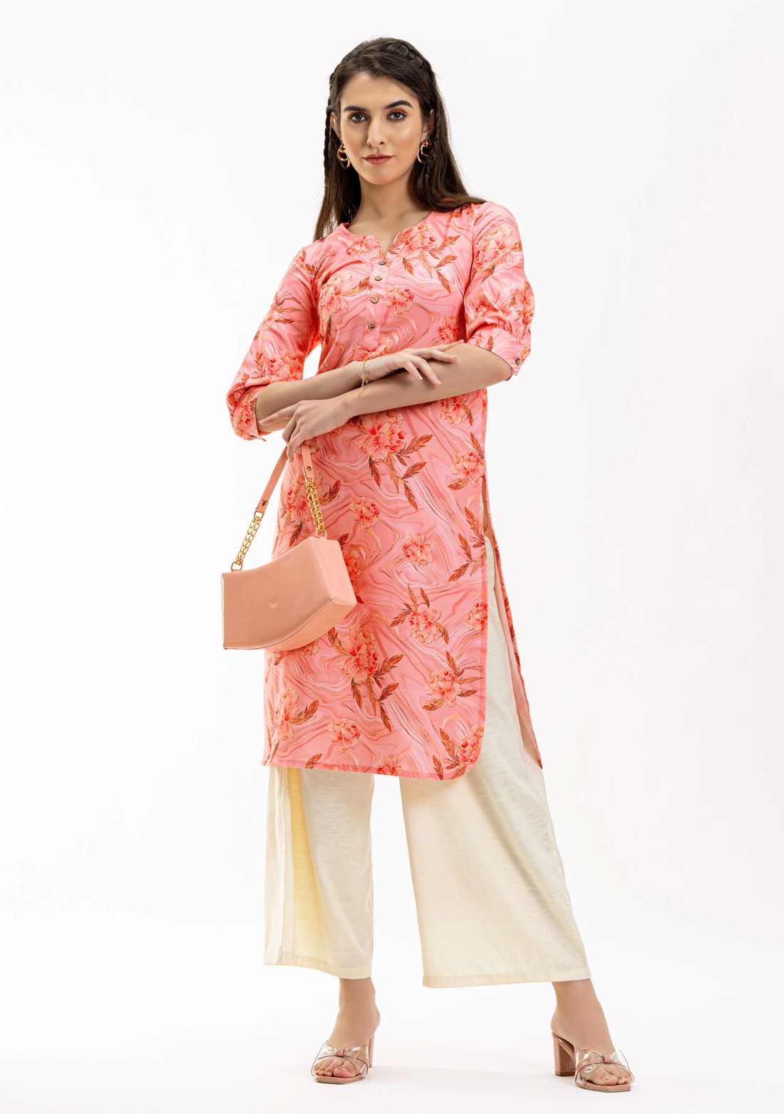 Pink Floral Print Rayon Straight Kurta