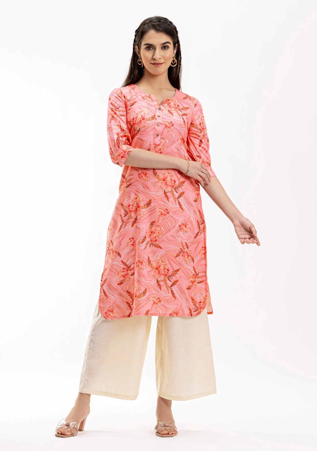 Pink Floral Print Rayon Straight Kurta