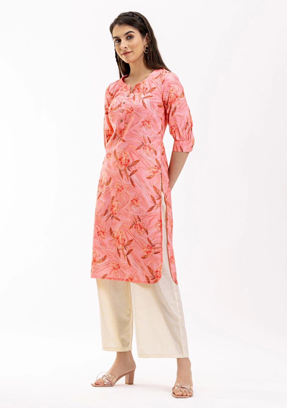 Pink Floral Print Rayon Straight Kurta