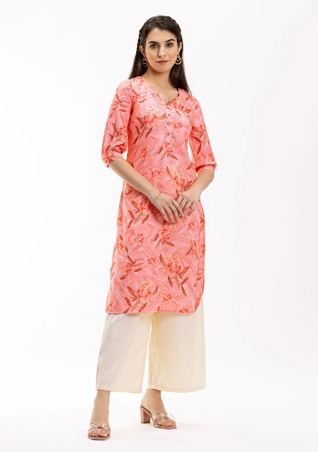 Pink Floral Print Rayon Straight Kurta