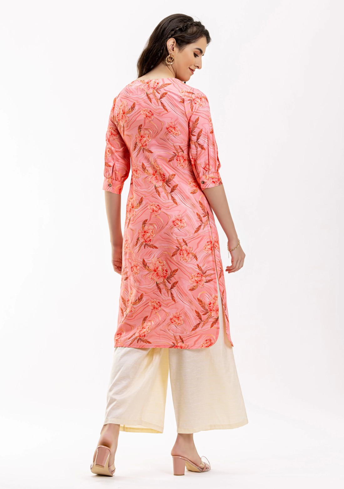 Pink Floral Print Rayon Straight Kurta