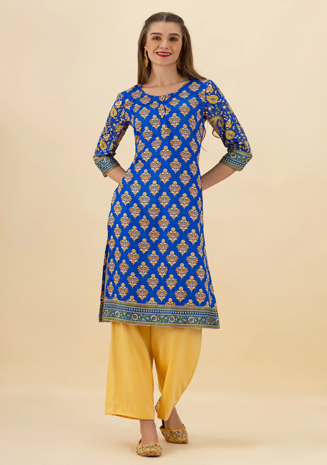 Royal Blue Ethnic Print Rayon Straight Kurta