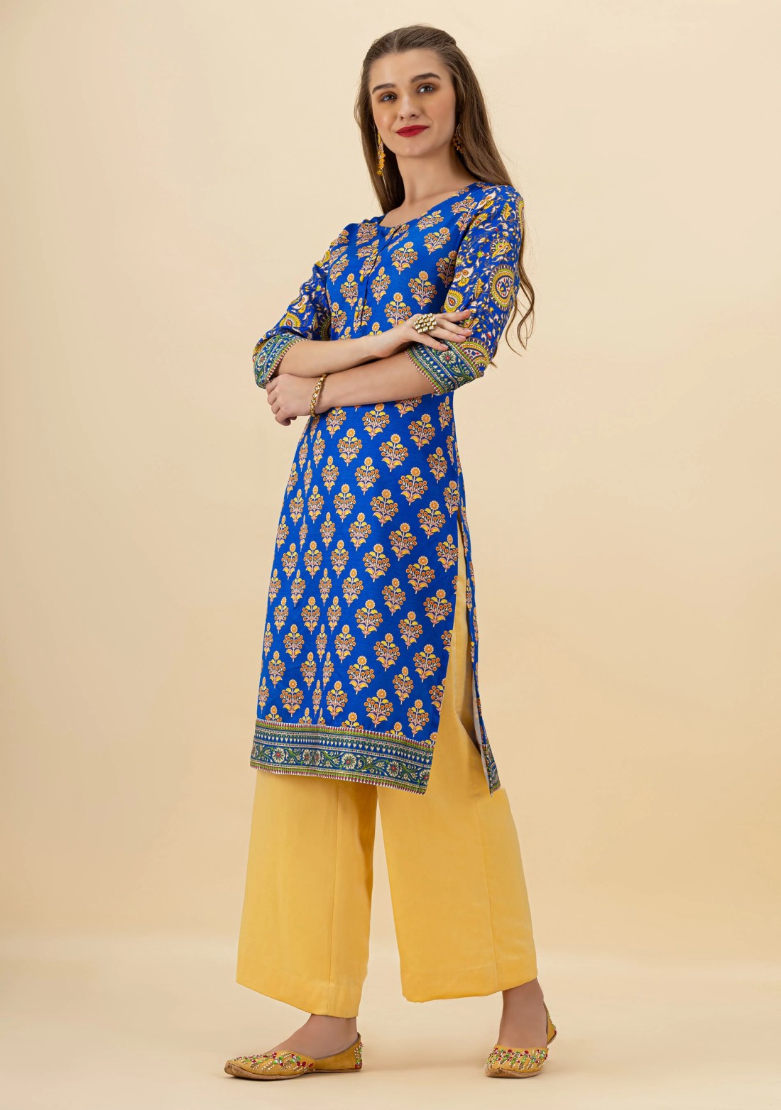 Royal Blue Ethnic Print Rayon Straight Kurta