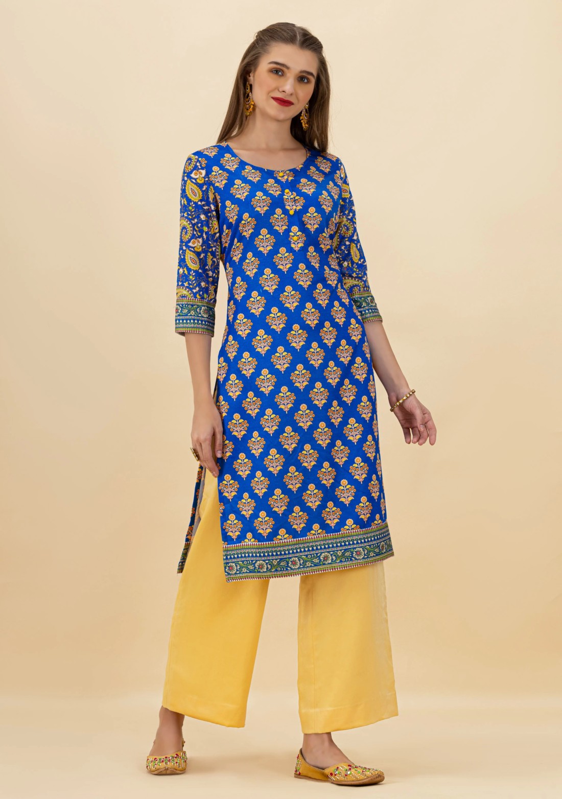 Royal Blue Ethnic Print Rayon Straight Kurta