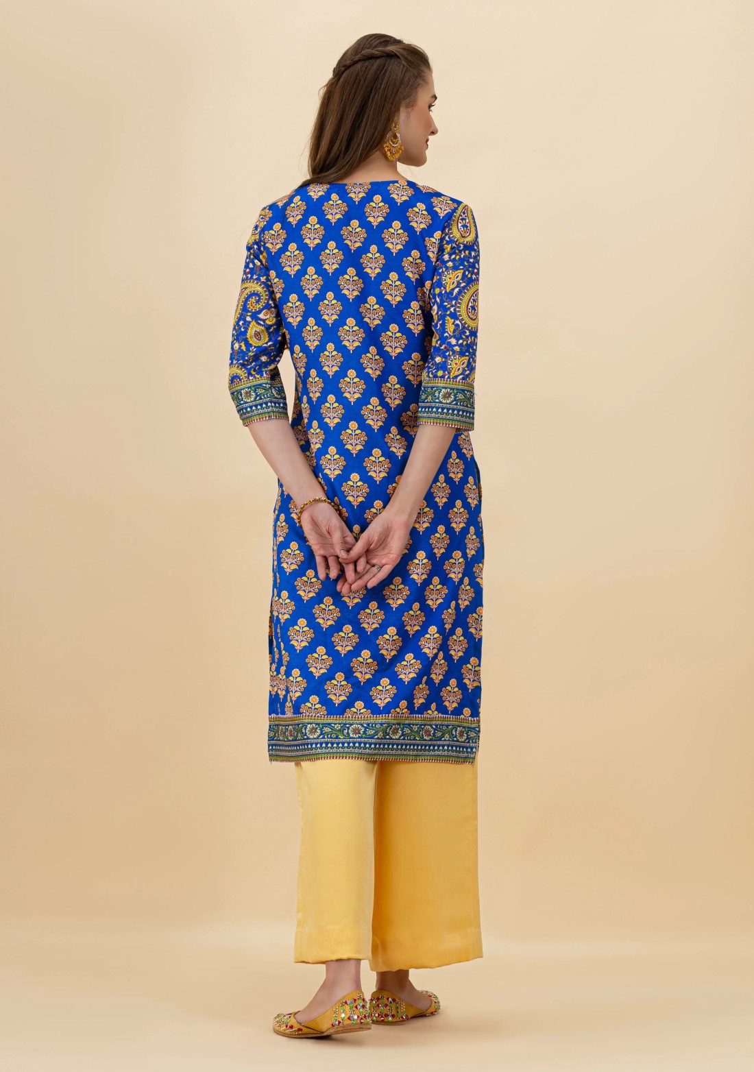 Royal Blue Ethnic Print Rayon Straight Kurta