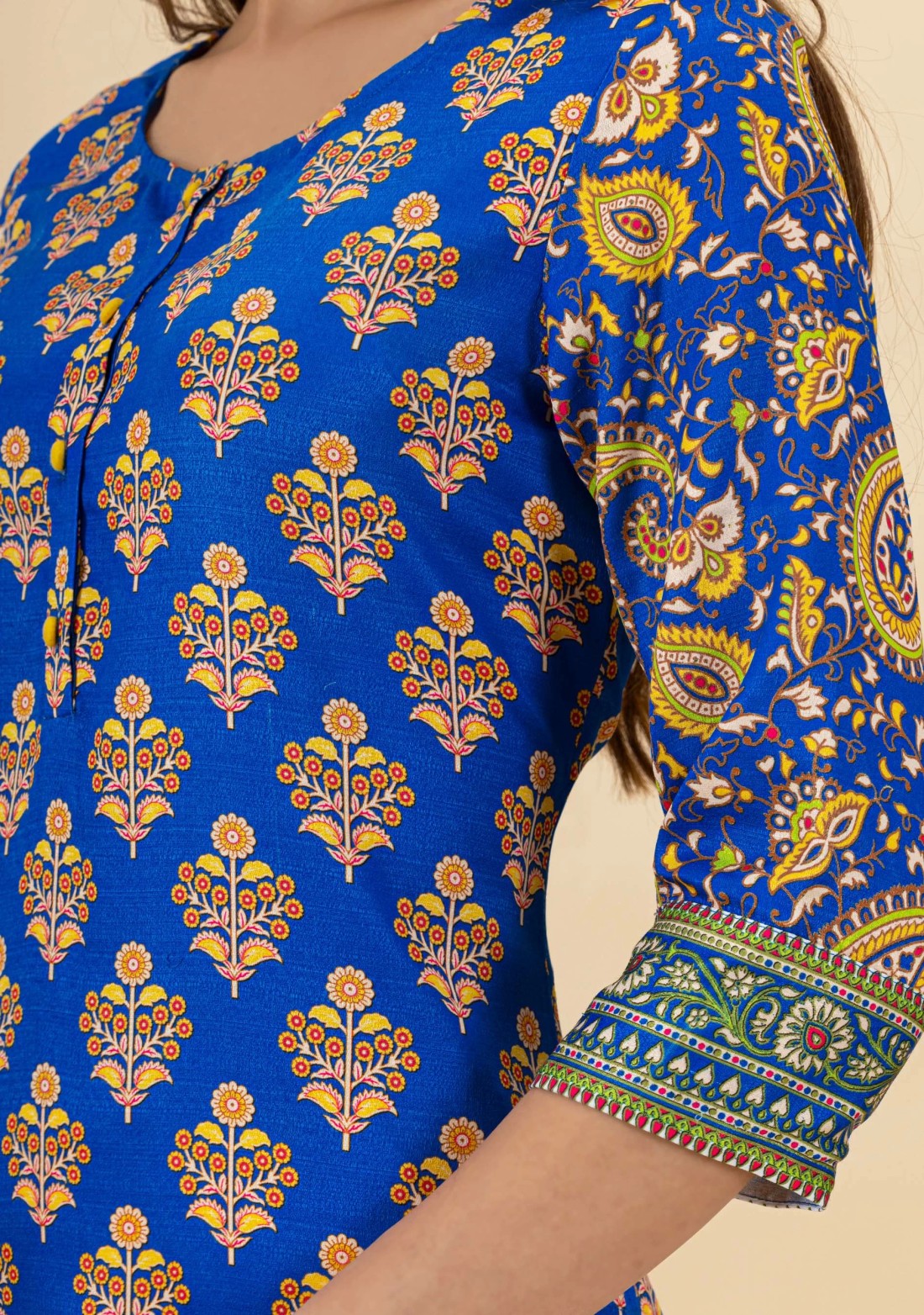 Royal Blue Ethnic Print Rayon Straight Kurta