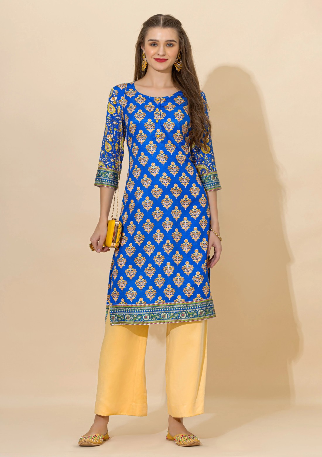 Royal Blue Ethnic Print Rayon Straight Kurta