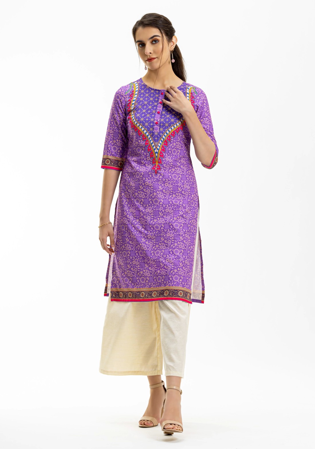 Purple Ethnic Motif Print Rayon Straight Kurta