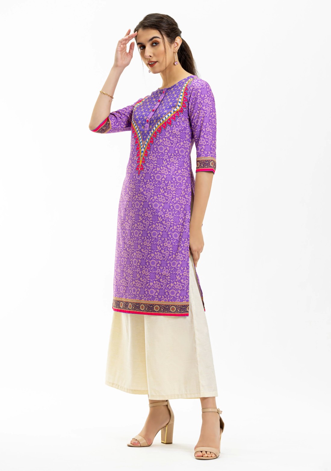 Purple Ethnic Motif Print Rayon Straight Kurta