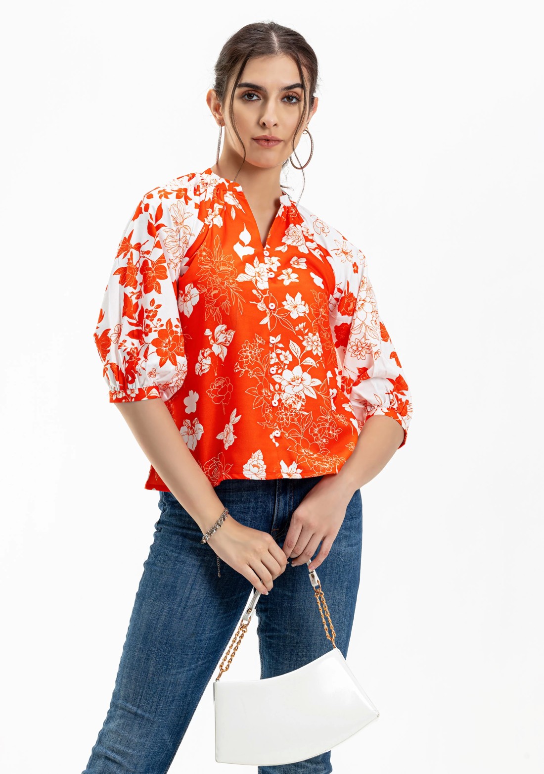 White And Orange Floral Print Rayon A-Line Button Down Top