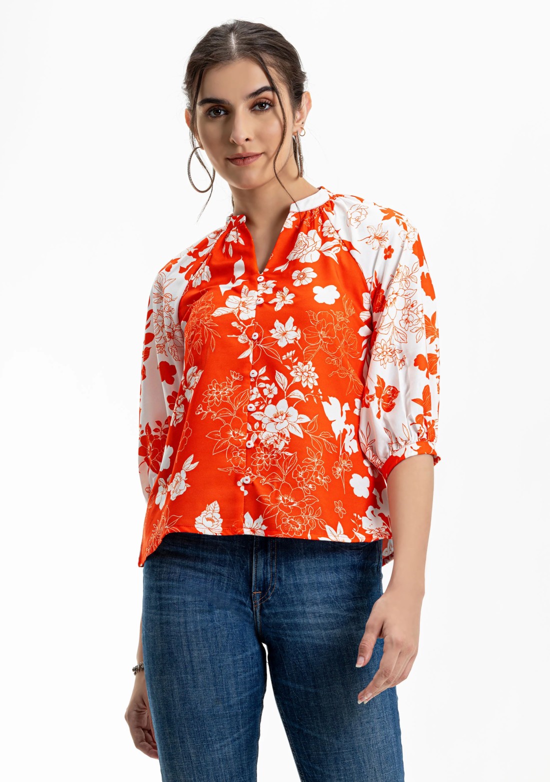 White And Orange Floral Print Rayon A-Line Button Down Top