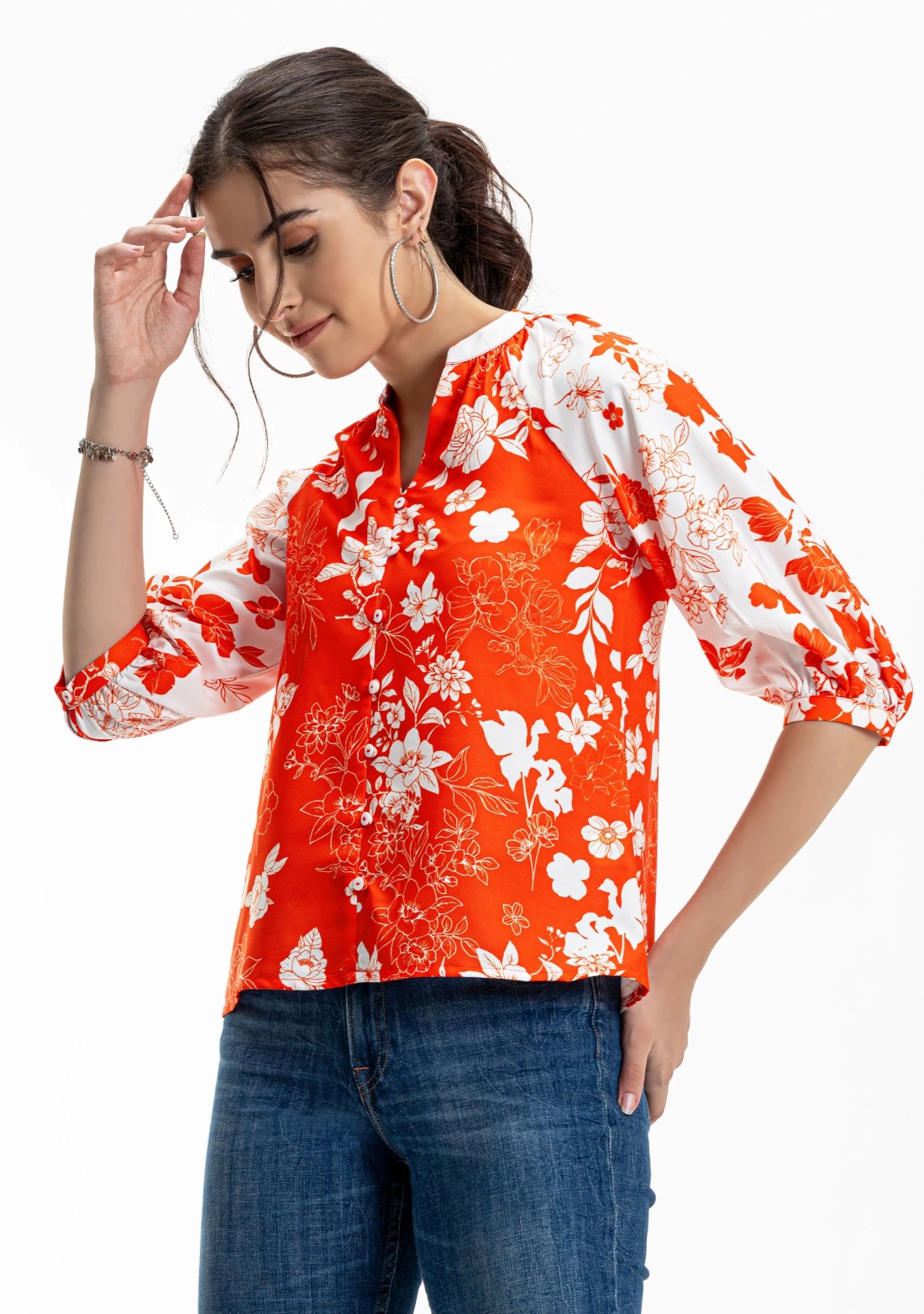 White And Orange Floral Print Rayon A-Line Button Down Top