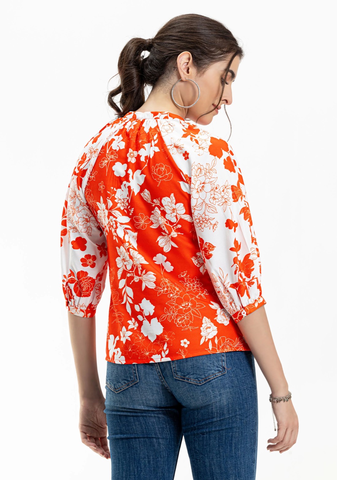 White And Orange Floral Print Rayon A-Line Button Down Top