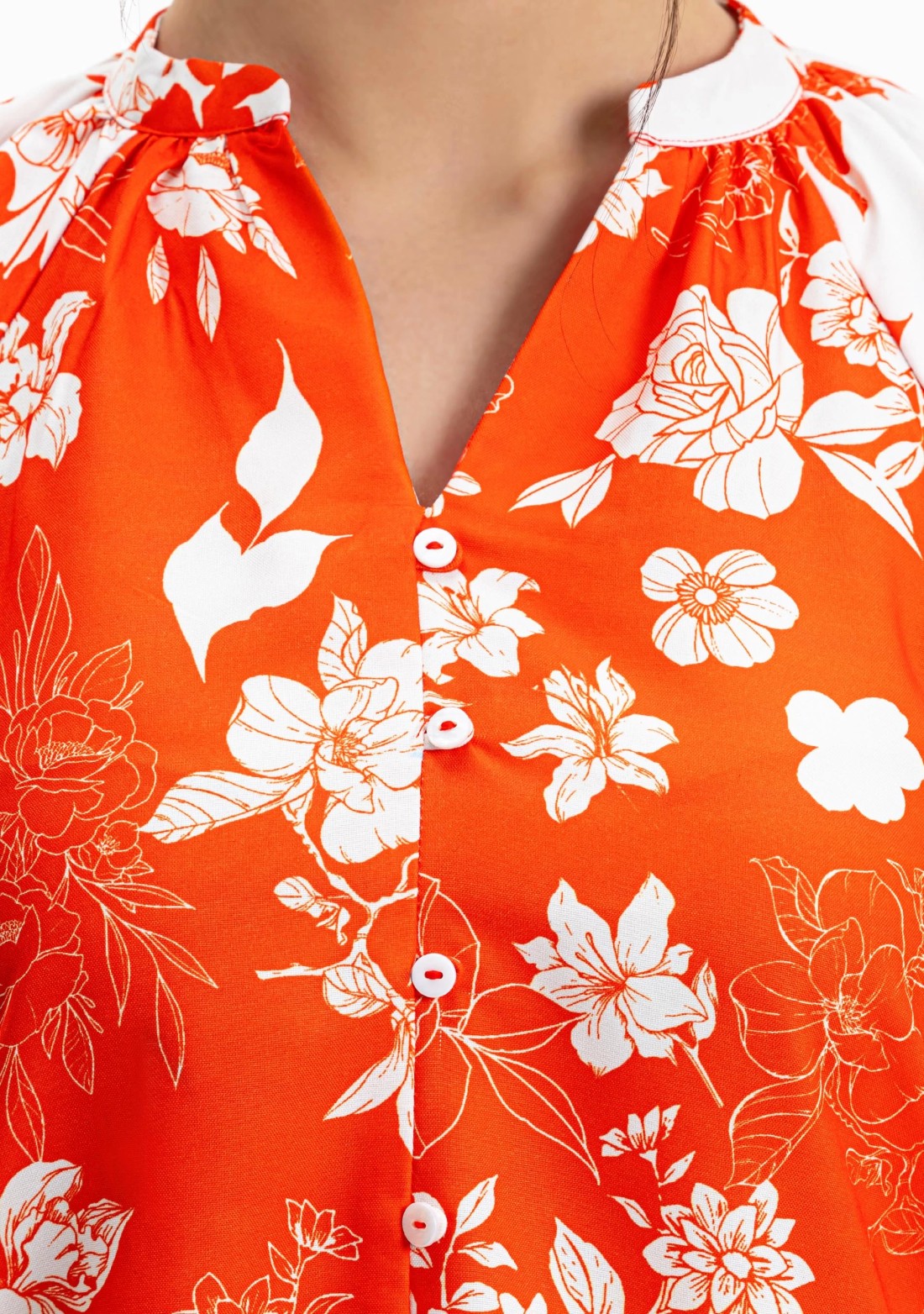 White And Orange Floral Print Rayon A-Line Button Down Top