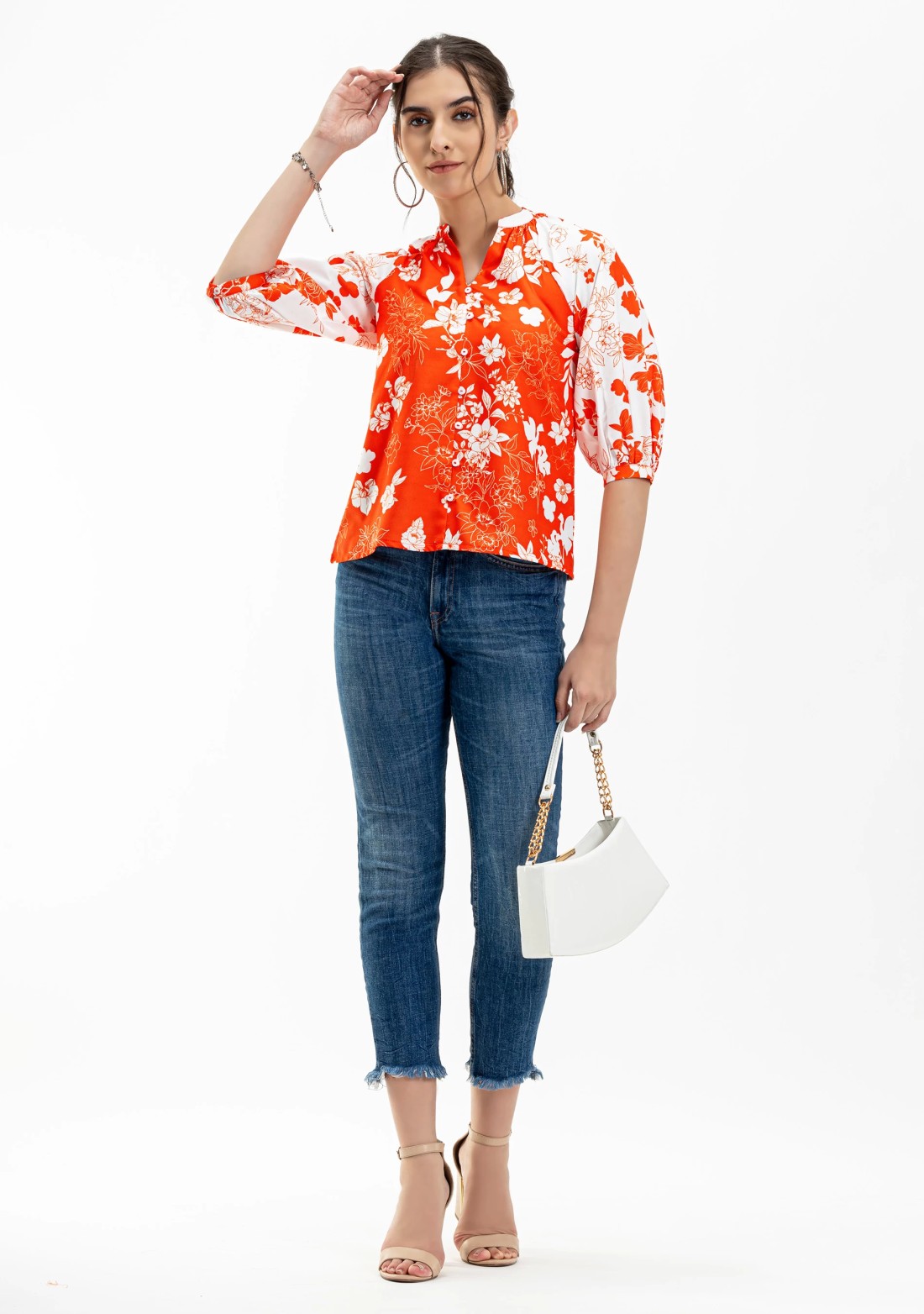 White And Orange Floral Print Rayon A-Line Button Down Top