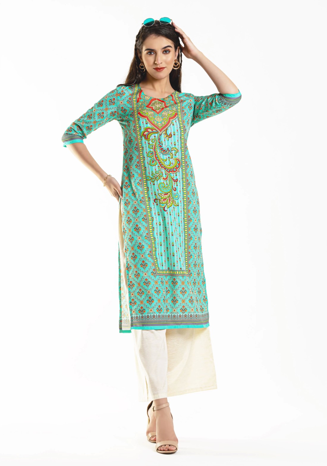 Green Ethnic Print Rayon Straight Kurta