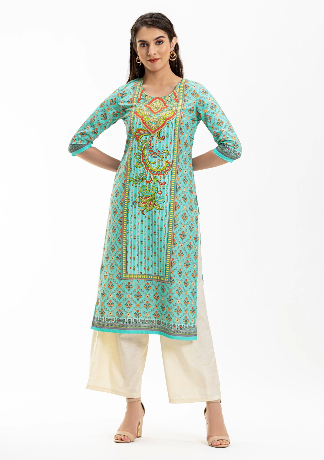 Green Ethnic Print Rayon Straight Kurta